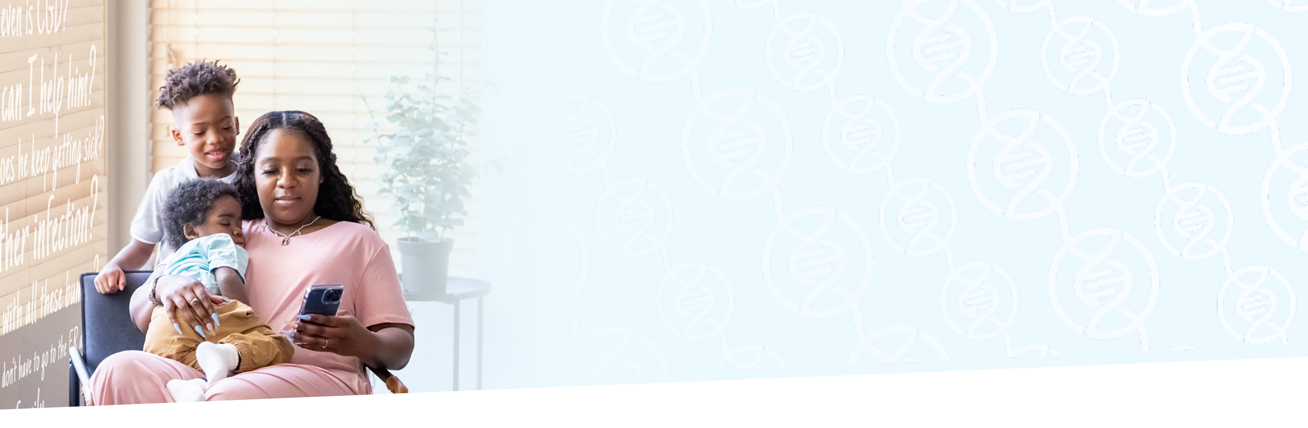 Image of a mother with her two young children, the youngest child has chronic granulomatous disease 